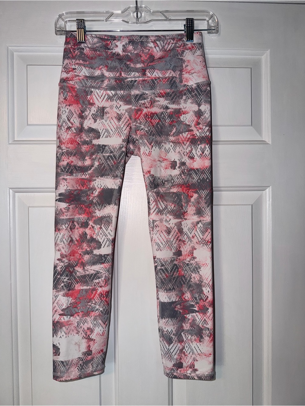 Gaiam High Waist Printed Athletic Leggings Grey Coral Pink XS